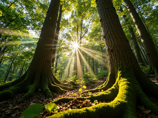 茂密森林场景,绿树成荫,自然光线,代表木元素的成长和活力